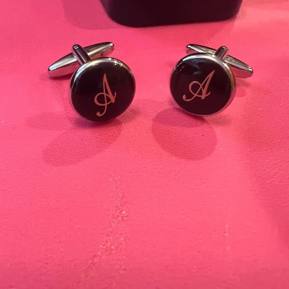 2 pr Set Men’s HJ Vintage Cuff Links Black Silver INITIAL A NEW Orig Box